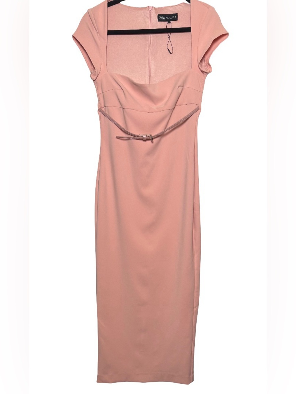 Zara Women’s Belted Pink Midi Dress, Large. NWOT